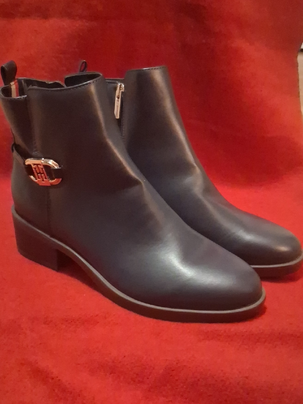 Tommy Hilfiger Navy Leather Ankle Boot with Gold-Tone Logo Buckle